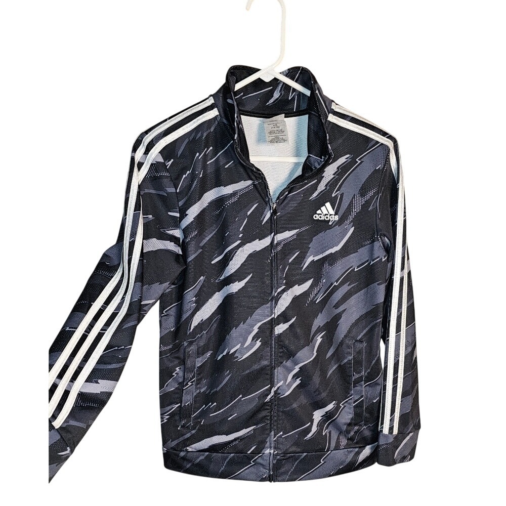 Adidas Black and Gray Boy's Hoodie Jacket Sweatshirt All over Print Size 14/16